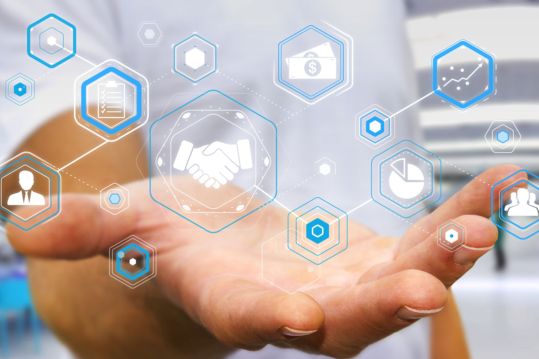 Verschiedene Icons, die auf Zusammenarbeit und Statistiken hinweisen
